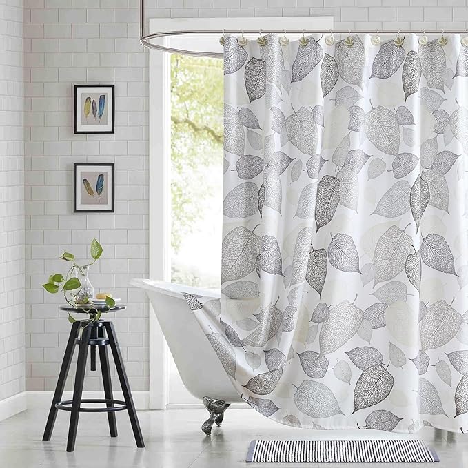 90 Inch Fabric Shower Curtain, Extra Long Modern Leaf Print Waterproof Bath Curtain with White Background & Beige Grey Brown Leaves Design, 72" W x 90" H