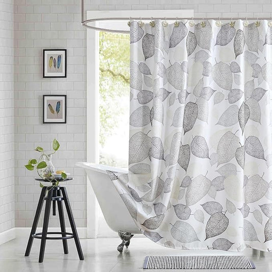 78 Inch Fabric Shower Curtain, Modern Leaf Print Waterproof Long Bath Curtain with White Background & Beige Grey Brown Leaves Design, 72" W x 78" H