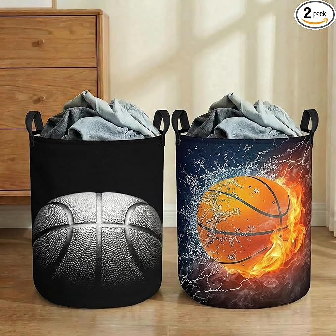 2Pcs Basketball Cute Kids Laundry Basket Baby Nursery Hamper Boys Room Decor Foldable Oxford Cloth Funny Tote Clothes Storage Bucket Organizer For Bedroom (Basketball)