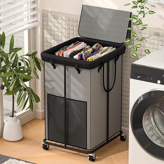 Large Laundry Hampers with Lid, Oxford Fabric Laundry Hampers, Metal Frame and Removable Bag Design with Wheels, Suitable for Bedroom, Bathroom, Dorm Room, Laundry Room (Cationic Gray with Lid)