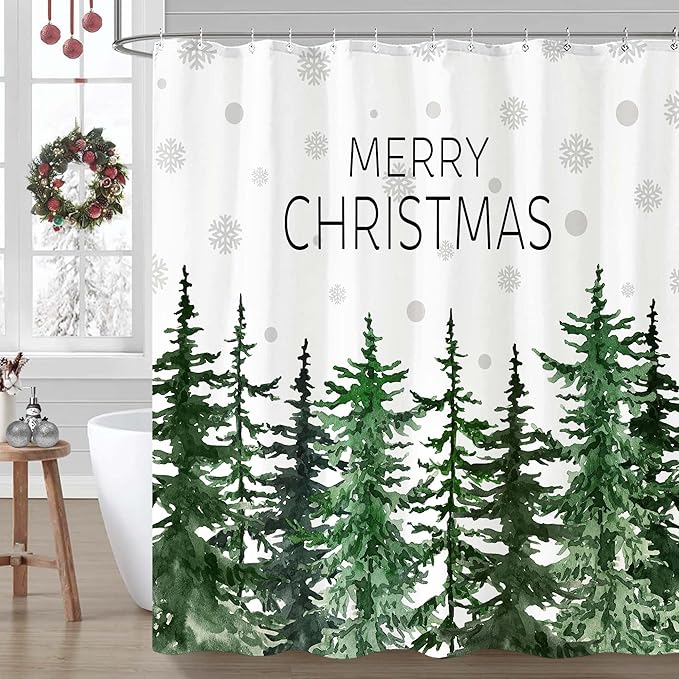 Accnicc Christmas Shower Curtain Winter Snowflake Pine Tree Shower Curtains for Bathroom Green Forest Xmas Trees Waterproof Fabric Bath Curtain Decor 72 X 72 Inch