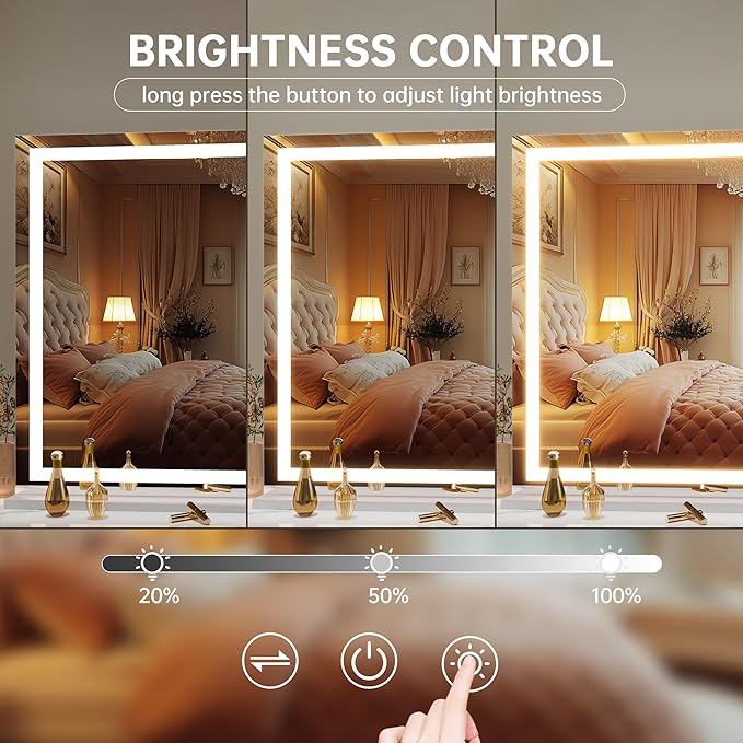 Hasipu Vanity Mirror with Lights, 42" x 30" LED Makeup Mirror, Lighted Makeup Mirror with Dimmable 3 Modes, Touch Screen Control Vanity Mirror Square White