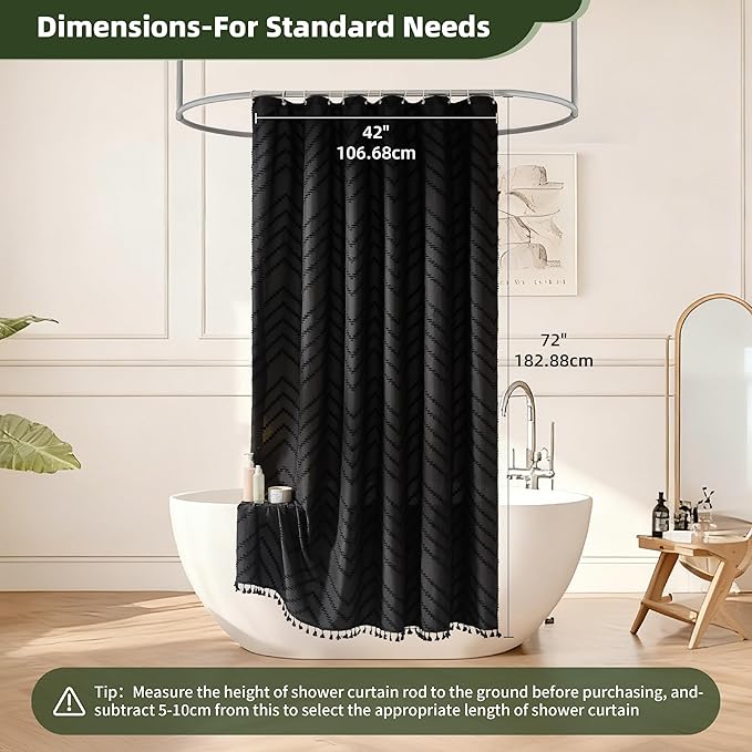 Stall Boho Shower Curtain Black Tassel Woven Fabric Shower Curtain 42 x 72 Modern Farmhouse Textured Tufted Chevron Striped Minimalist Bathroom Shower Curtain