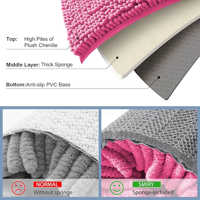 Smiry Luxury Chenille Bathroom Rugs 47x17, Extra Soft and Absorbent Shaggy Bath Mat, Machine Washable, Non-Slip Plush Carpet Runner for Tub, Shower, and Floor, Home Decor Accessories, Hot Pink