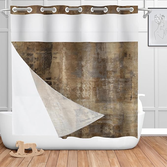 Shrahala Brown Abstract Art No Hooks Shower Curtain with Snap in Liner Set, Grey Acrylic Bathroom Décor Polyester Fiber Waterproof for Stall Bathtubs 71 X 74 in
