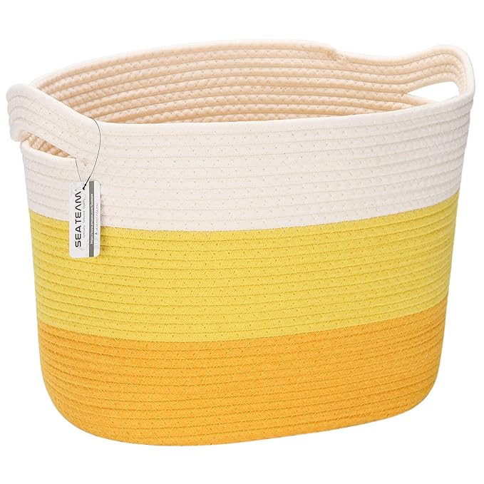 Sea Team Oval Large Cotton Rope Woven Storage Basket with Handles, Diaper Caddy, Baby Shower Basket, Nursery Nappies, Clothes Toys Organizer for Kid's Room, 16 x 13 inches, White & Yellow