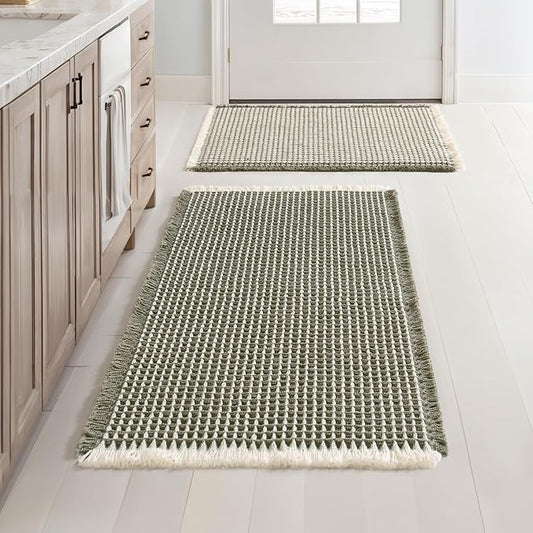 MIULEE Set of 2 Waffle Bathroom Rugs, Boho Bath Rugs Non Slip Washable, Super Absorbent Bath Mats, Ultra Soft Rubber Backed Shower Mats for Bathroom Floor, Tub, Green & Cream, 17"x24"+18"x30"