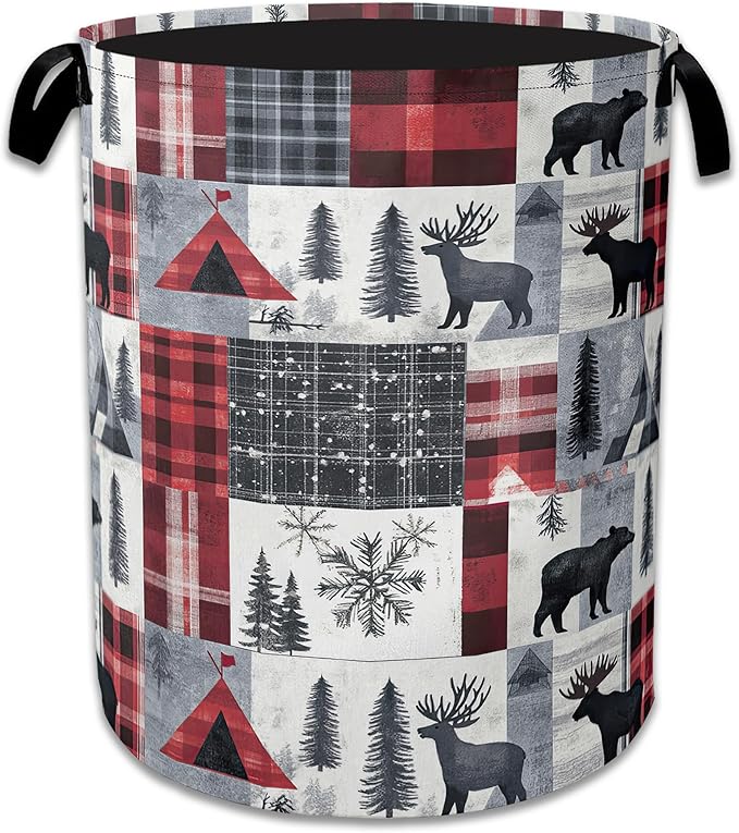 Vintage Forest Bear Laundry Hamper Animal Deers Laundry Basket Collapsible Portable Clothes Toy Storage Bin for Bathroom Bedroom Room Decor 16 X 20.8 Inch