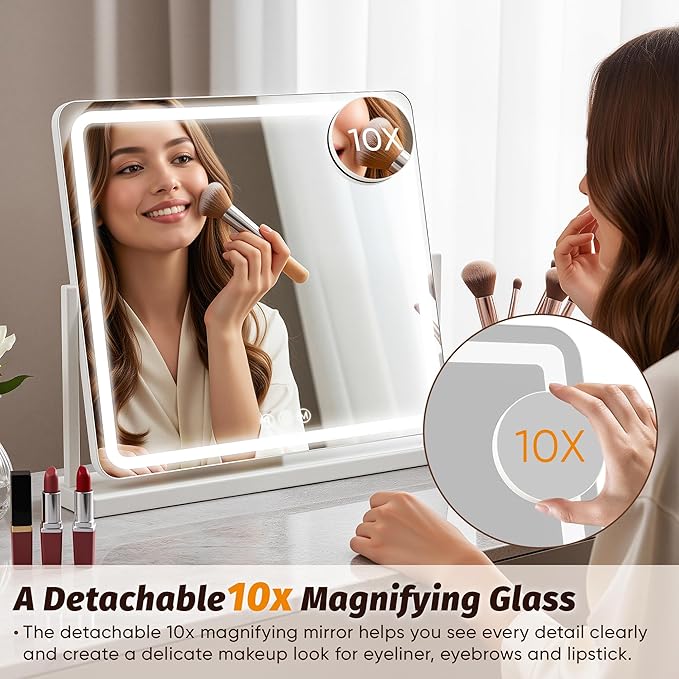 Vanity Mirror with Lights, 24"x20" Hollywood Lighted Makeup Mirror for Tabletop & Bedroom 3 Color Lighting Modes Smart Touch Control 360° Rotation Detachable