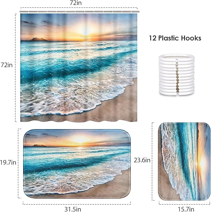 ArtSocket Beach Bathroom Set with Shower Curtain and Rugs and Accessories, Sunrise Over Sea Shower Curtain Set, Sunset Ocean Bathroom Decor 3 Pcs