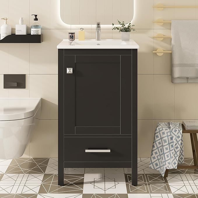 Virubi 20" Small Bathroom Vanity with Sink, Soft-Close Drawer and Door, Wood Modern Single Bathroom Sink Cabinet with Doors and Shelves, Adjustable Foot Pads, for Small Space (Black)