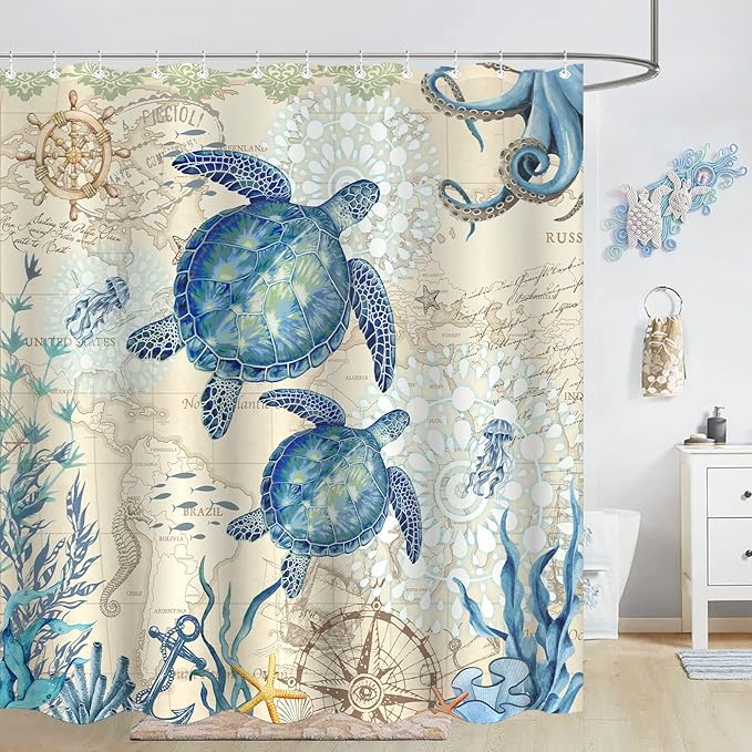 Aipon Nautical Sea Turtle Shower Curtain Octopus Ocean Blue Fish Animal Seashell Jellyfish Theme Extra Long Fabric Waterproof Shower Curtains for Bathroom Bath Curtain Decor (Green6, 72'' × 72'')