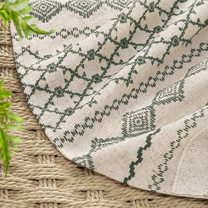 Dark Green Boho Shower Curtain for Bathroom, Linen Striped Print and Twine-Inspired Woven Center,72" W x 72" L