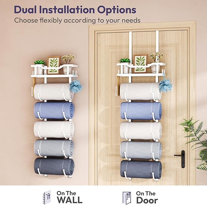 SWTYMIKI Over the Door Towel Rack - 6 Tier Towel Racks for Bathroom Wall Mounted, Towel Holder with Shelf, Hanging Rolled Towel Storage Organizer for Small Bathroom, Camper, RV, White