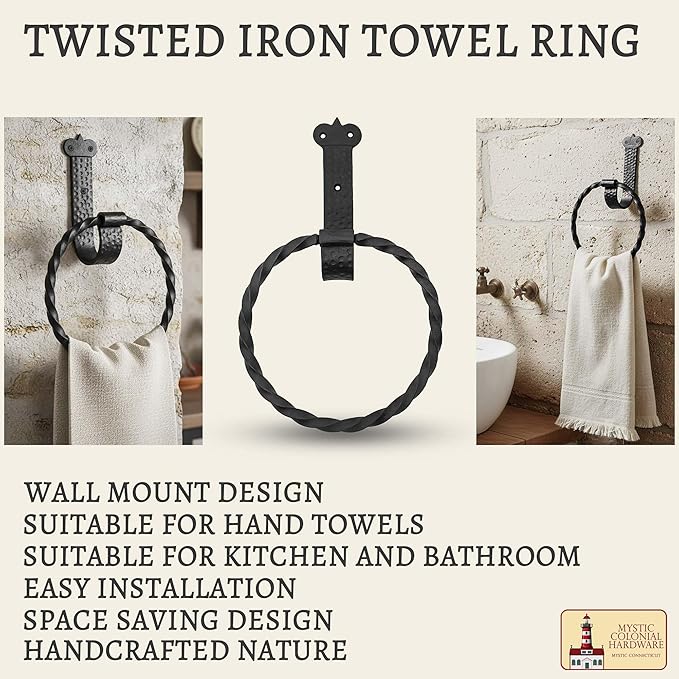 Mystic Colonial Cast Iron Towel Bar Rustic Wall Mounted Metal Rack for Bathroom, Kitchen, or Entryway � Black Heavy-Duty Towel Holder (7.3"", Victorian Wall Mounted)