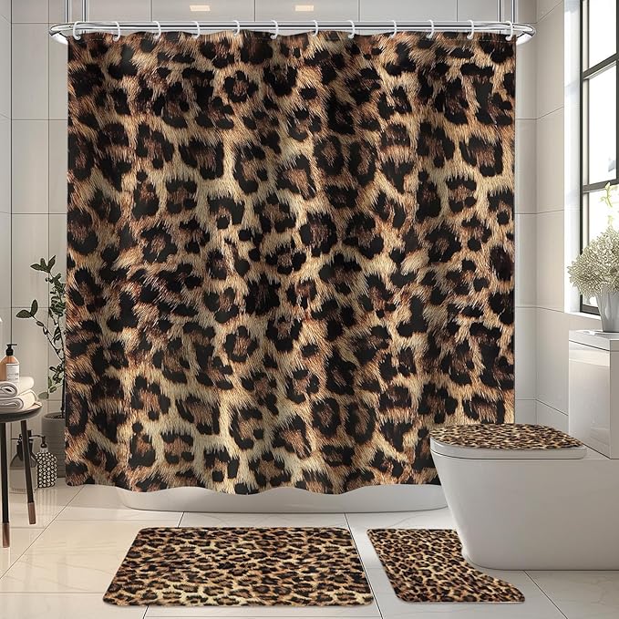LIGHTINHOME 4 PCS Leopard Print Shower Curtain Set 72Wx72H,Toilet Lid Cover,Non-Slip Rugs and U-Shaped Mat,Wild Safari Cheetah Bathroom Sets with Rugs Shower Accessories 12 Hooks for Bathroom Decor