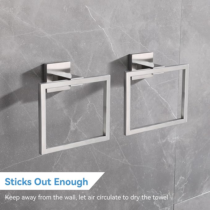 LANC Hand Towel Holder for Bathroom Wall Mount Brushed Nickel Square Hand Towel Rings 2PC Towel Ring for Toilet Bathroom Hardware Accessories Stainless Steel Modern Shower Towel Hanger, A8896BN-P2