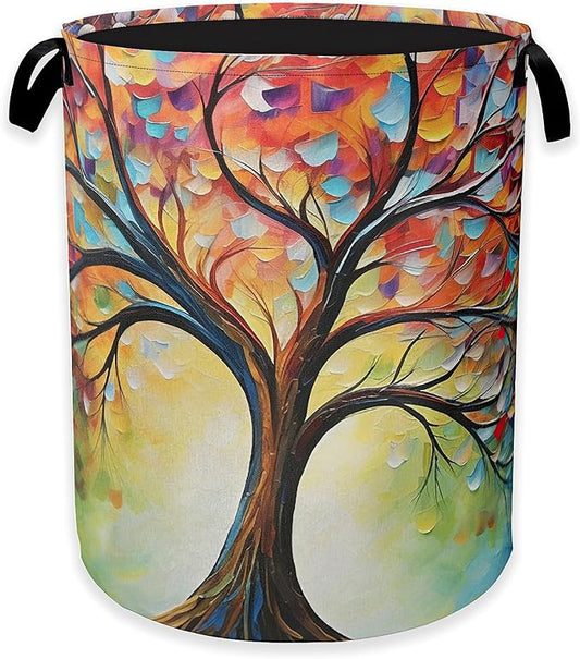 Tree of Life Laundry Basket,Colorful Leaves Clothes Hamper,Oxford Cloth Collapsible Nursery Hamper Storage Organization for Bedroom,Bathroom,Office,College Dorms,16x20 Inch