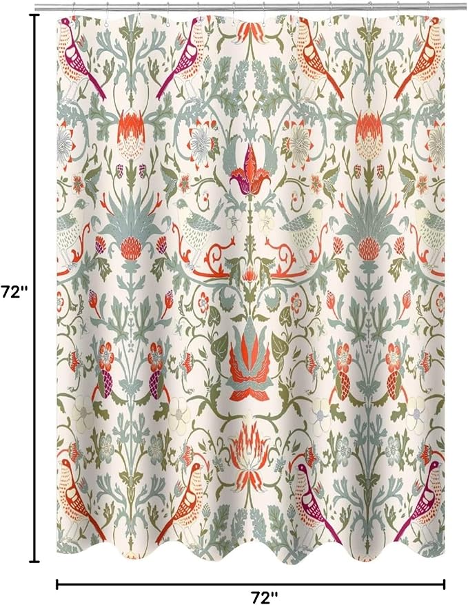 Bohemia William Morris Art Fabric Shower Curtain,Abstract Retro Mid Century Boho Floral Bird Hotel Quality,Machine Washable,72L x72W for Bathroom.
