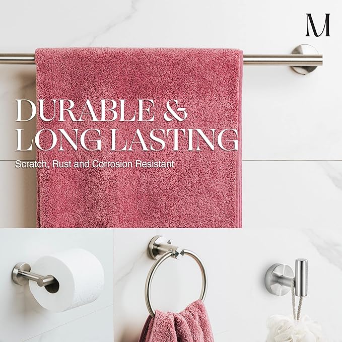 Marmolux ACC Bathroom Hardware Set - 4 Pieces Wall Mount Accessories - Towel Hooks, Hand Towel Holder, Towel Ring, Toilet Paper Holder - Made of SUS 304 Stainless Steel with Brushed Finish