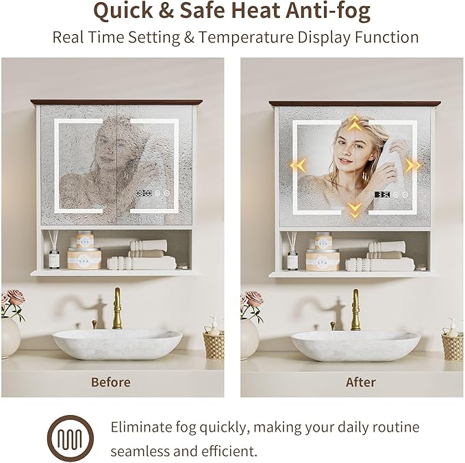 Bathroom Medicine Cabinet with Mirror, Lighted Storage Cabinet Wall Mounted with Doors & Adjustable Wood Shelf, Modern Bathroom Mirror with LED Lights Defogger for Makeup Laundry/Living Room, White