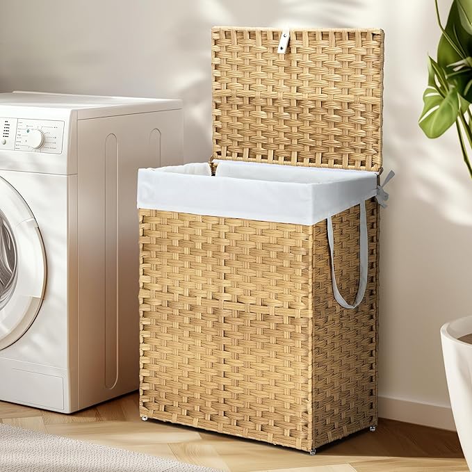 DUMOS Wicker Laundry Basket with Lid, 24 Gallon (91L) Woven Laundry Hamper with Handles, Foldable Rattan Clothes Hamper with Removable Liner & Sturdy Steel Frame, Goose Yellow