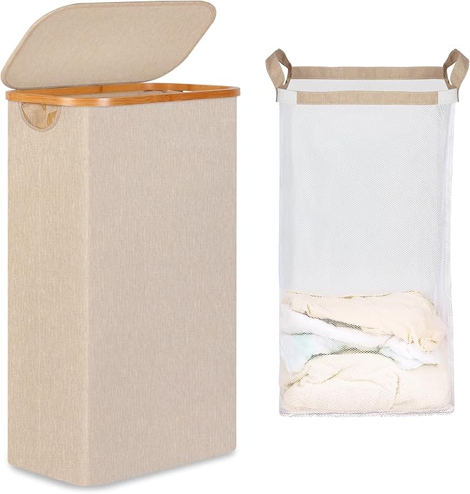 65L Slim Laundry Hamper, Narrow Laundry Basket with Lid,Foldable Clothes Hamper with Bamboo Handles,Hamper Basket with Removable Inner Bag for Laundry Room Bedroom College Dorm,Oatmeal