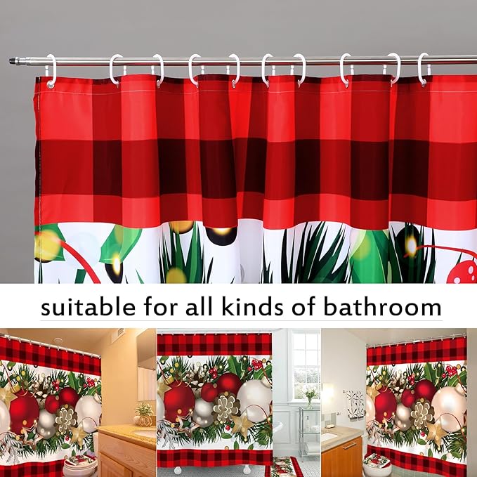 Drydiet 4 Pcs Christmas Bathroom Sets Christmas Ball Shower Curtain Set with Non Slip Rug Toilet Lid Cover Bath Mat with 12 Hooks Red Black Buffalo Check Plaid Xmas Bathroom Shower Decor 71 x 71 Inch