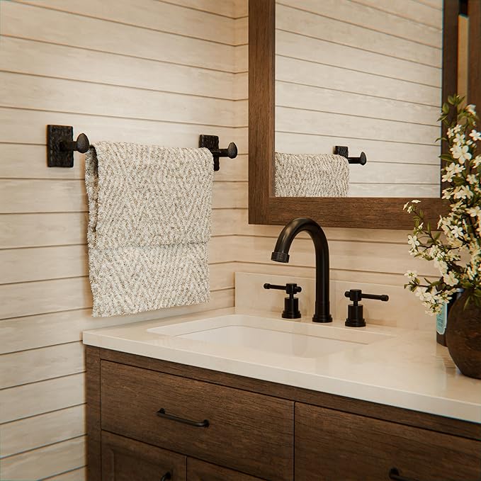 Rustic State Motris Cast Iron Towel Bar with Hammered Effect Texture for Bathroom and Kitchen - Railroad Spike Industrial Design Hand Towel Rail Holder Hanger Rack - Black