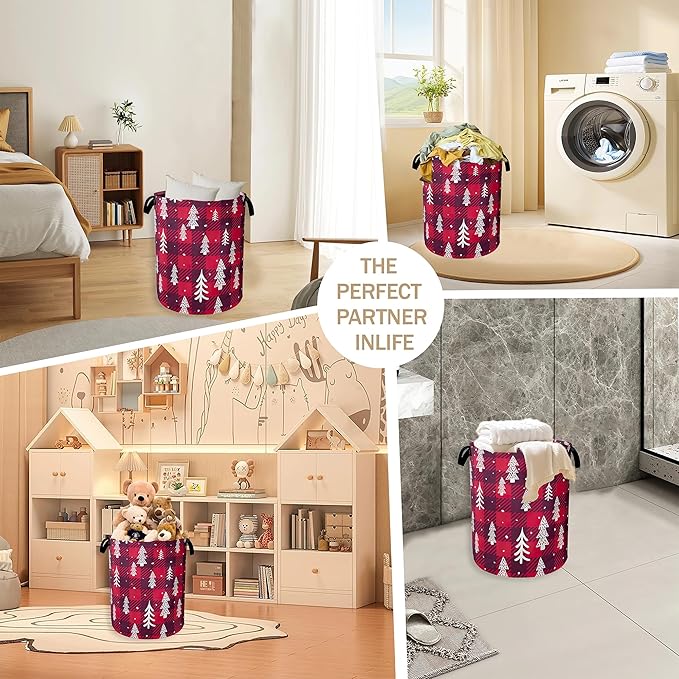 Christmas Tree Laundry Hamper,Red Plaid Collapsible Laundry Baskets,Waterproof Oxford Cloth Laundry Room Organization for Bedroom,Bathroom,Nursery,16x20 Inch