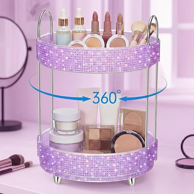 Honeydak 360 Rotating Perfume Organizer for Mother Day Nurse Day Rhinestone Bathroom Counter Organizer Makeup Holder Skincare and Perfume Storage for Cosmetic Countertop(2 Tiers,Resin Stone,Purple)