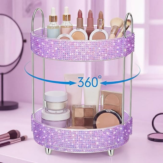 Honeydak 360 Rotating Perfume Organizer for Mother Day Nurse Day Rhinestone Bathroom Counter Organizer Makeup Holder Skincare and Perfume Storage for Cosmetic Countertop(2 Tiers,Resin Stone,Purple)