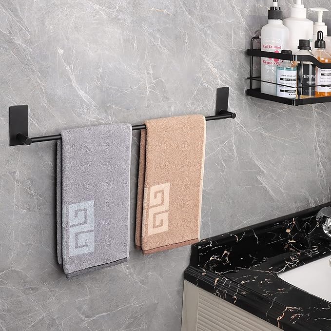 NearMoon Self Adhesive Bathroom Towel Bar- Stainless Steel Bath Wall Shelf Rack Hanging Towel Stick On Sticky Hanger Contemporary Style, NO Drilling (2 Pack, Matte Black, 24-Inch Towel Rack)