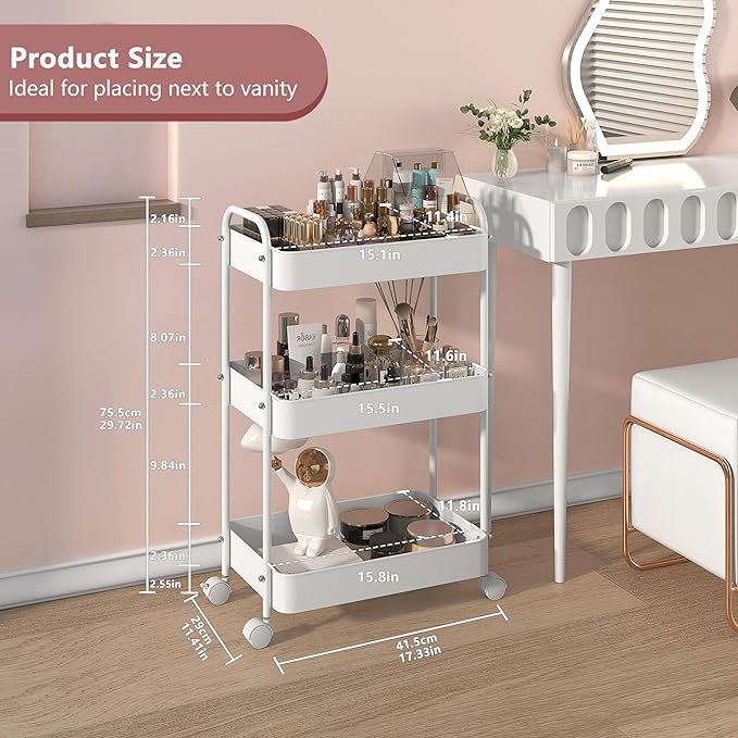 3 Tier Makeup Organizer Cart, Skincare Organizer Floor Carts with Wheels, Vanity Cosmetic Organizer Storage, Nail Polish Hair Tool Display Case Holder, Easy to Assemble
