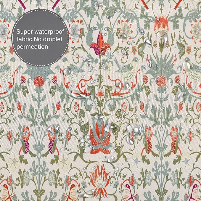 Bohemia William Morris Art Fabric Shower Curtain,Abstract Retro Mid Century Boho Floral Bird Hotel Quality,Machine Washable,84L x72W for Bathroom.