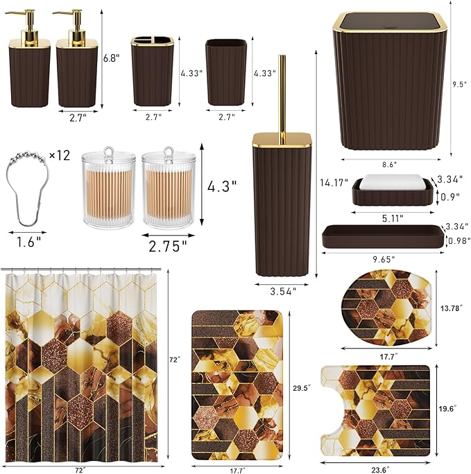 XLHOMO Bathroom Set - 26PC Bathroom Set with Shower Curtain and Rugs, Bathroom Accessory Set, Brown Bathroom Accessories Set, Trash Can & Soap Dispenser