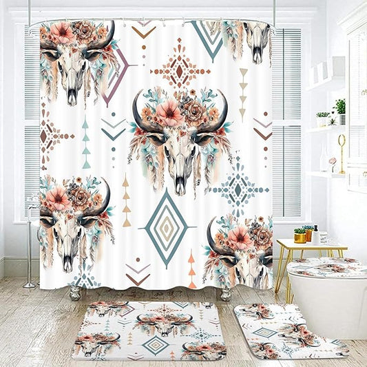 4 Pcs Western Bull Skull Shower Curtain Set, Retro Cow Longhorn Skull Flower Head Bathroom Rug Sets, Boho Farmhouse Shower Curtain and Non-Slip Rugs Toilet Lid Cover Bath Mat Decor with Hooks