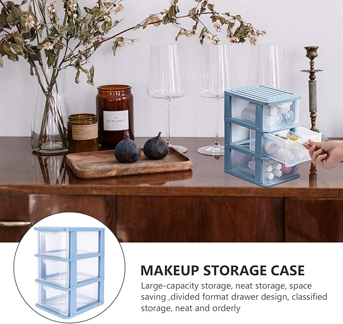 Drawer Storage Cabinet Plastic Makeup Organizer Storage Station Cube with 3 Drawers Cosmetics Jewelry Storage Case Display for Bathroom Vanity Cabinet Countertops Blue Plastic Desk Drawers