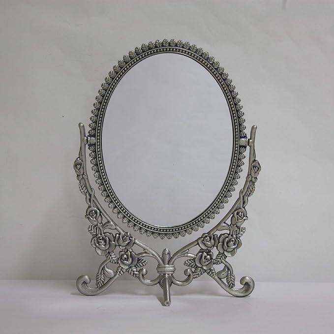 SEHAMANO Vintage Antique Embossed Roses Pattern Makeup Table Mirror, Decorative Oval Shaped Stand Mirror, Vanity Cosmetic Double Sided Rotatable Ellipse Metal Frame Mirror (Tin (Matt Grey), Large)