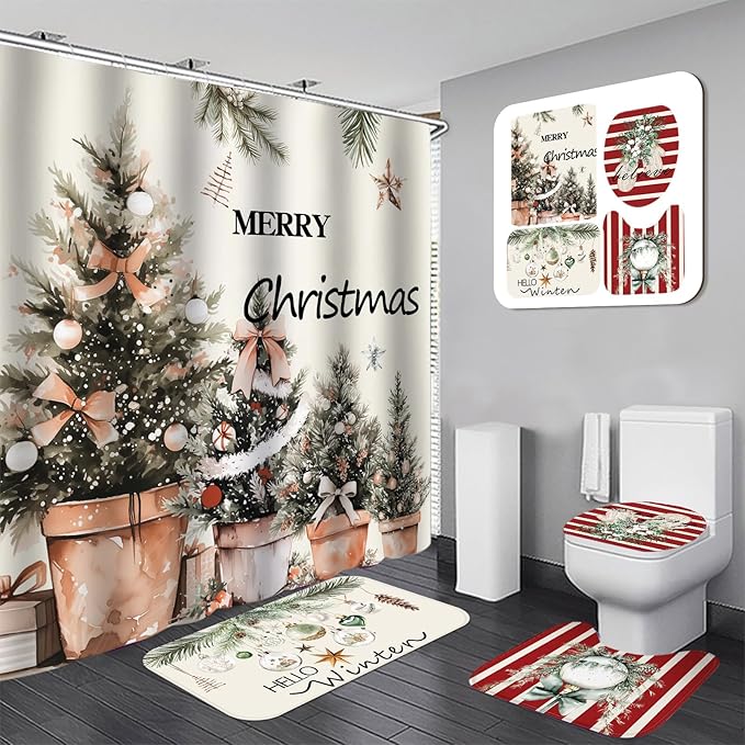 Drydiet 4 Pcs Christmas Shower Curtain Set Bathroom Decoration Non Slip Rugs Mat Toilet Lid Cover Shower Curtain for Xmas Holiday Farmhouse Home Bathroom Decor(Cozy Christmas)