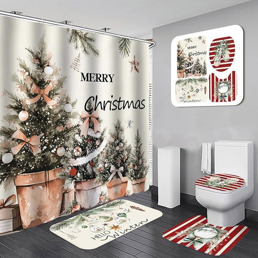 Drydiet 4 Pcs Christmas Shower Curtain Set Bathroom Decoration Non Slip Rugs Mat Toilet Lid Cover Shower Curtain for Xmas Holiday Farmhouse Home Bathroom Decor(Cozy Christmas)
