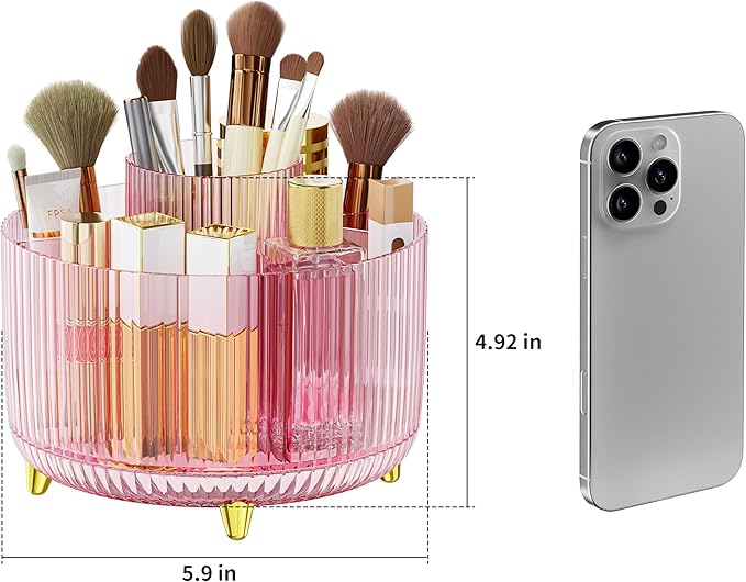 Clear Rotating Makeup Organizer Countertop for Vanity, 360?? Makeup Brush Holder Organizer with 5 Compartments, Transparent Cosmetic Storage for Lipstick, Skincare, Bathroom Counter (Transparent Pink)