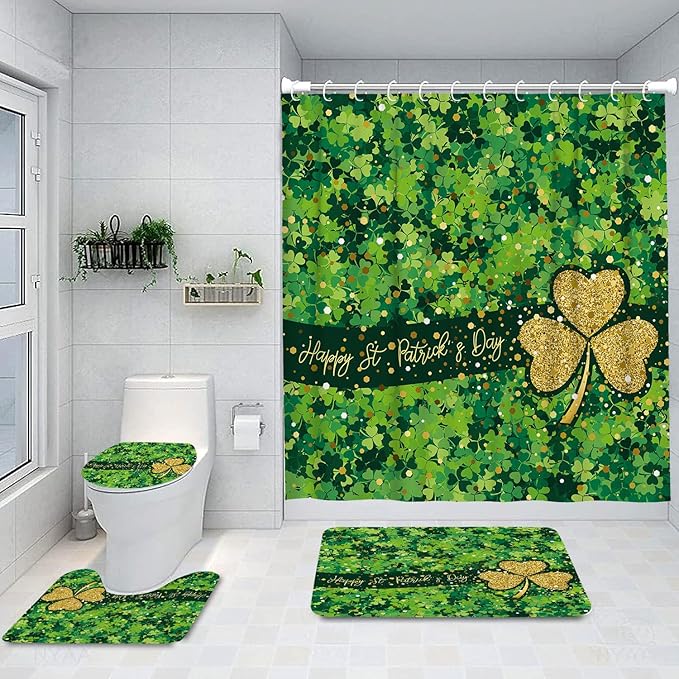 Ansouyi 4Pcs Bathroom Shower Curtain Sets with Non-Slip Rugs, Toilet Lid Cover and Bath Mat, St Patricks Day Shamrock Durable Waterproof Shower Curtain for Bathroom Set, 72x72 Inch