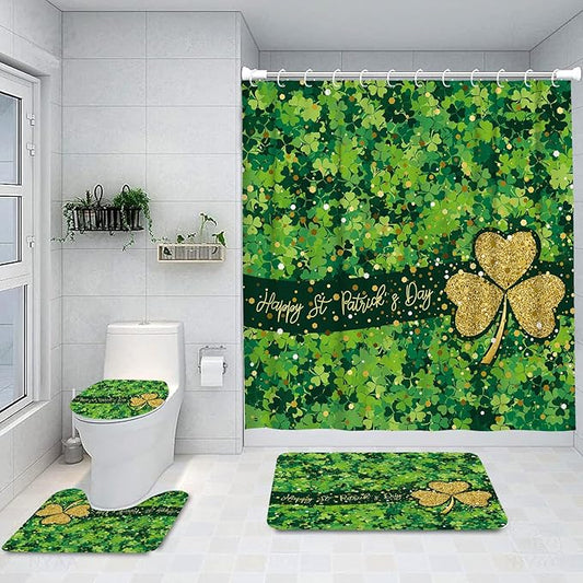 Ansouyi 4Pcs Bathroom Shower Curtain Sets with Non-Slip Rugs, Toilet Lid Cover and Bath Mat, St Patricks Day Shamrock Durable Waterproof Shower Curtain for Bathroom Set, 72x72 Inch