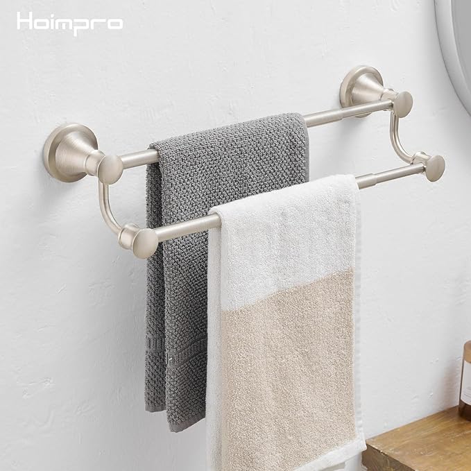 Hoimpro Adjustable Retractable 15-27 Inches Stainless Steel Bathroom Towel Bar, Bathroom Accessories Bath Hotel Double Towel Bar Rod Hanger Wall Mounted Towel Holder Towel Rack, Brushed Nickel