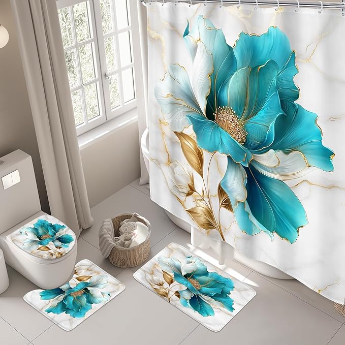 Riyidecor Teal Gold Marble Floral 4Pcs Bathroom Shower Curtain Sets Modern Flower Abstract Bathroom Decor Set with Rugs and Accessories Minimalist Toilet Lid Rug, Contour and Bath Mat with 12 Hooks