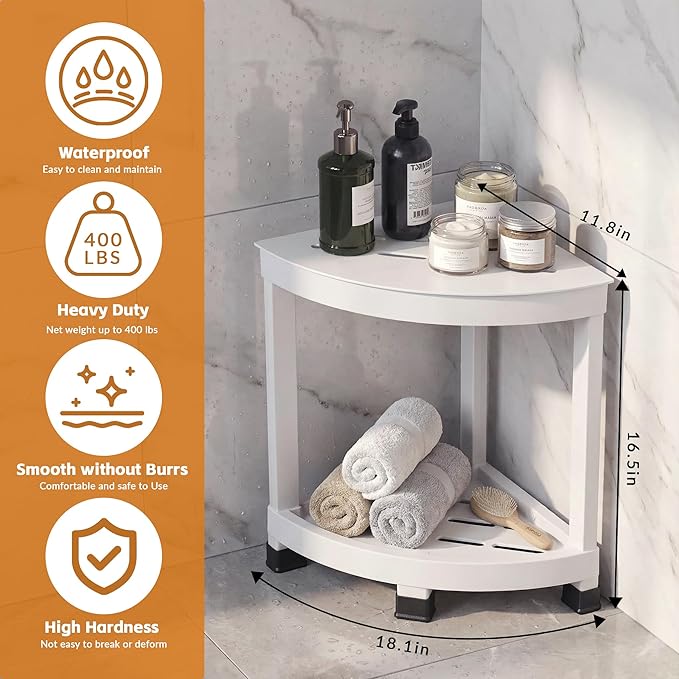 GallopFun Corner Shower Stool for Inside Shower, Waterproof Shower Bench for Shaving Legs, Plastic Anti-Fracture Shower Seat/Foot Rest with Baffle Storage Shelf, Rapid Assembly DIY Shelf (White)