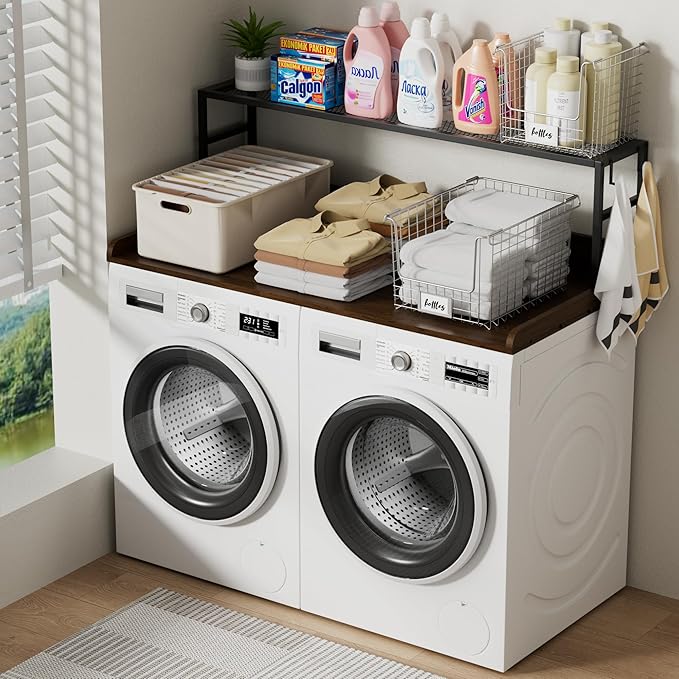 Washer Dryer Countertop with Shelf, Washer Dryer Topper, Solid Wood Washers and Dryers Countertop, 54" Width x 27.5" Depth Laundry Countertop for Laundry Room Organization and Storage, Walnut