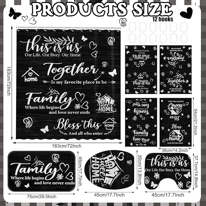 Tatuo 8 Pcs Family Shower Curtain Set Black Home Theme Bathroom Accessories Sets Farmhouse Rustic Waterproof Shower Curtain with Towels Carpet Bath Mat Toilet Rugs and 12 Hooks Housewarming Gift