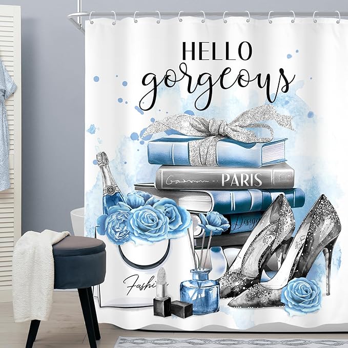 Cinbloo Girly Blue Shower Curtain 60Wx72H Silver Fashion Shower Curtain Women Girls Gray Teal Flower Perfume Bathroom Curtain Set High Heels Magazine Books Floral Bathroom Decor Fabric with 12 Hooks